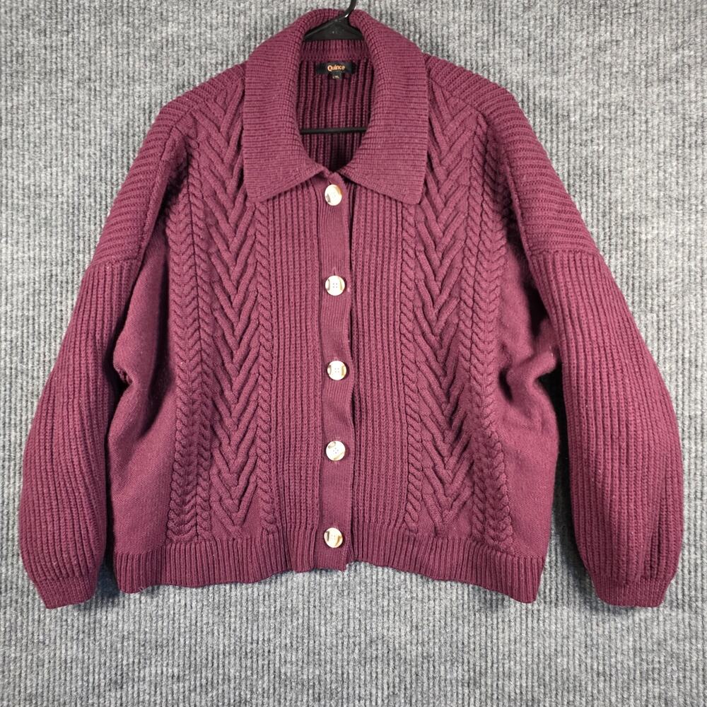 Quince XL Chunky Cable Knit Collared Cardigan Sweater Burgundy